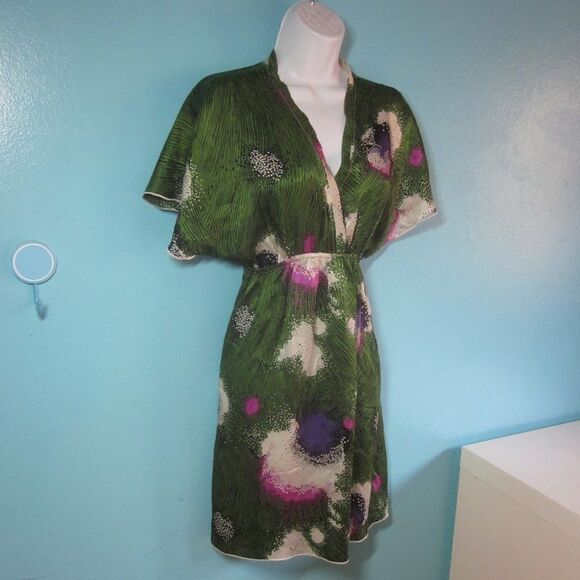 Hale Bob Anthropologie Womens Size S Green Floral Silk Pullover Kimono Dress  - Picture 1 of 13